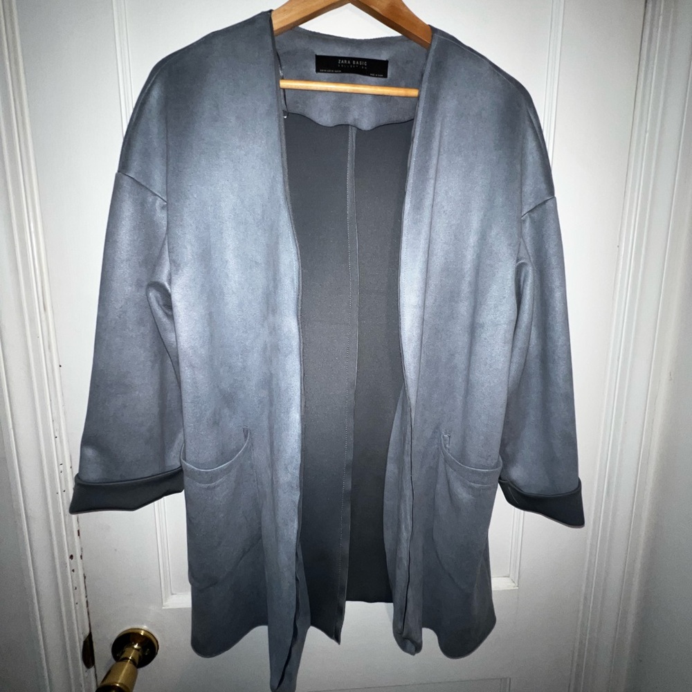 💙ZARA BASIC COLLECTION BLUE FAUX SUEDE OPEN BLAZER OFFICE WORK WEAR CASU…